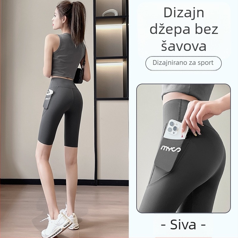 Ženske cropped tajice s visokim strukom i bočnim džepovima, prozračan poliester, otisak teksta, za ljeto i sport