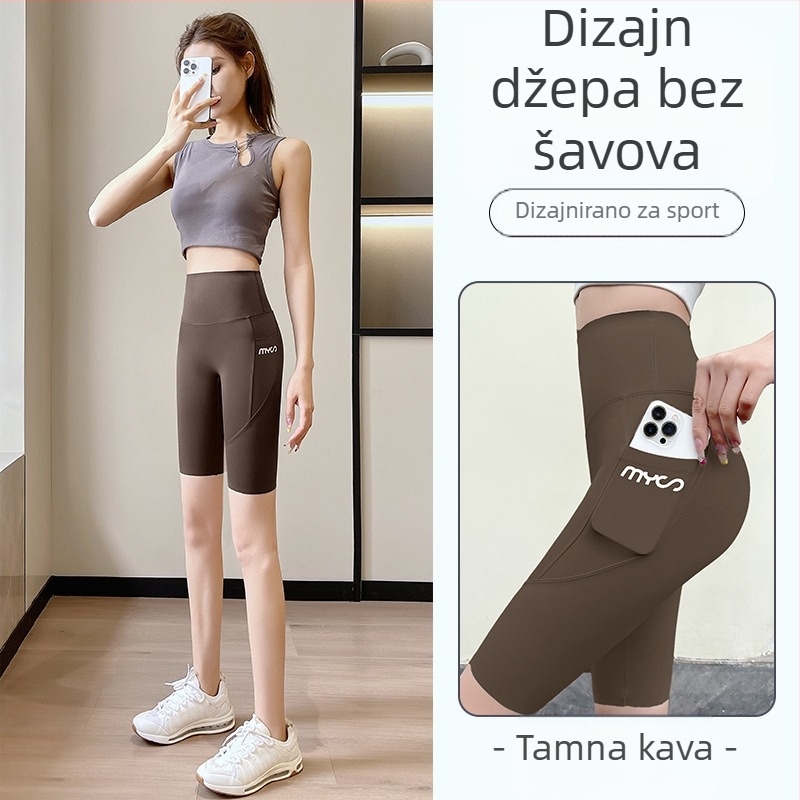 Ženske cropped tajice s visokim strukom i bočnim džepovima, prozračan poliester, otisak teksta, za ljeto i sport