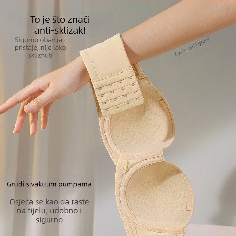 Bez naramenica grudnjak za žene s mekim čeličnim prstenom, push-up učinak, šalica 1/2, tanke oblikovane čašice, stražnje zaključavanje s četiri reda kukica