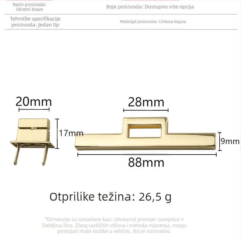 Zlatni mehanizam za prtljagu, promjer vanjskog dijela 88 mm, lijevani metal, Twist Lock, zglob s ravnom šipkom, kvadratni oblik zaključavanja