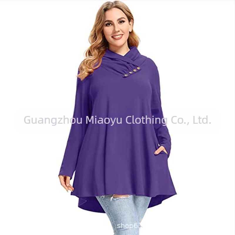 Ženska majica s dugim rukavima od poliestera s kosim ovratnikom, slobodan kroj, jednofarbni uzorak