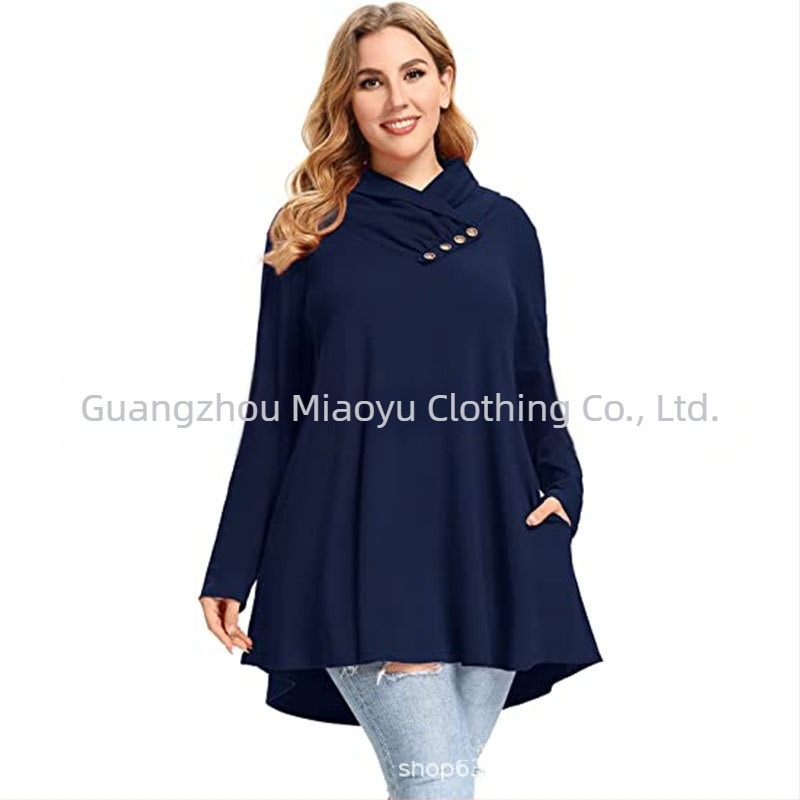 Ženska majica s dugim rukavima od poliestera s kosim ovratnikom, slobodan kroj, jednofarbni uzorak