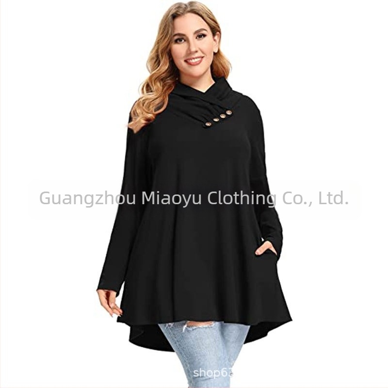 Ženska majica s dugim rukavima od poliestera s kosim ovratnikom, slobodan kroj, jednofarbni uzorak