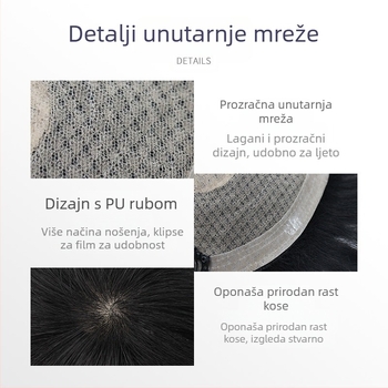 Muška perika od pravih vlasi s mehaničkim sustavom, kratka duljina, može se bojati i permati, prekriva ćelavost