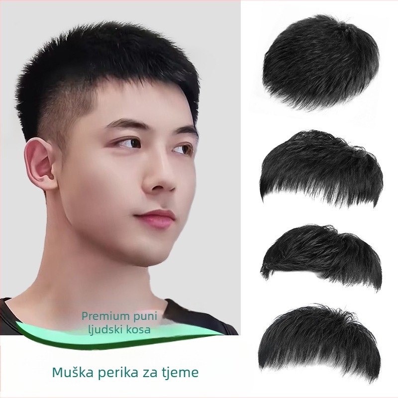 Muška perika od pravih vlasi s mehaničkim sustavom, kratka duljina, može se bojati i permati, prekriva ćelavost