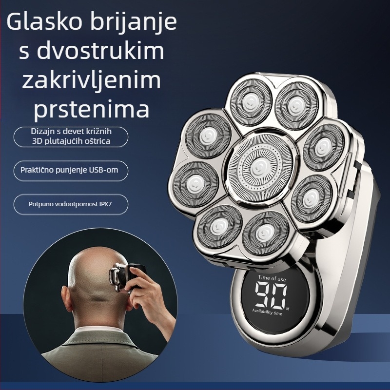 Električni brijač s rotacijskom glavom s više noževa (>4), ugrađena baterija 500–800 mAh, radno trajanje 2 sata, potpuno perivi