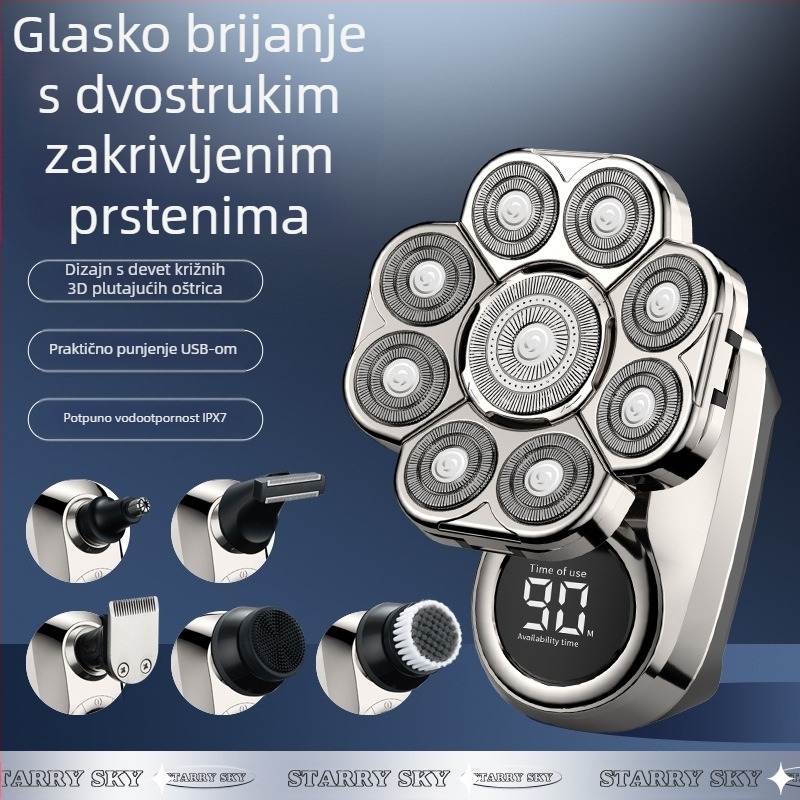 Električni brijač s rotacijskom glavom s više noževa (>4), ugrađena baterija 500–800 mAh, radno trajanje 2 sata, potpuno perivi