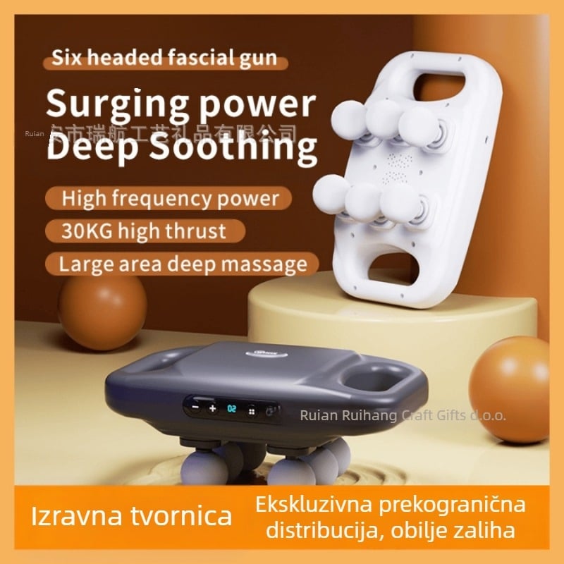 Fascia masažer pištolj s 6 glavica, profesionalne klase, bezčetkasti motor, LCD zaslon, 5+ brzina, ugrađena baterija 1200–2000 mAh