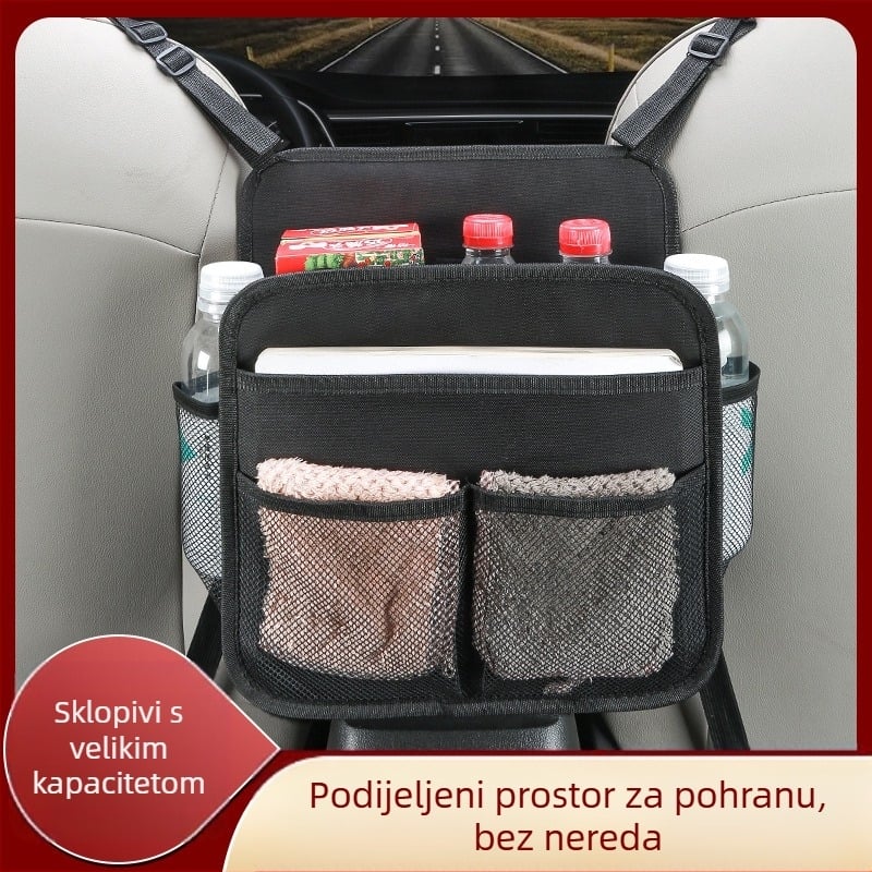 Organizator za prostor između sjedala automobila od Oxford platna, viseći stil, pričvršćivanje trakom, prilagodljiv volumen, otisak loga
