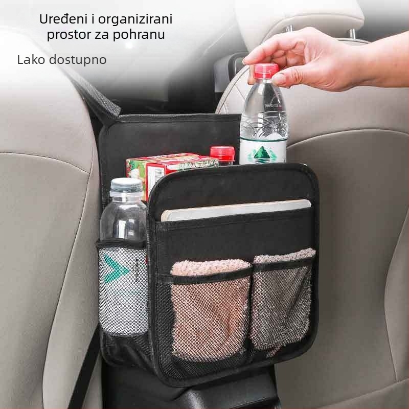 Organizator za prostor između sjedala automobila od Oxford platna, viseći stil, pričvršćivanje trakom, prilagodljiv volumen, otisak loga