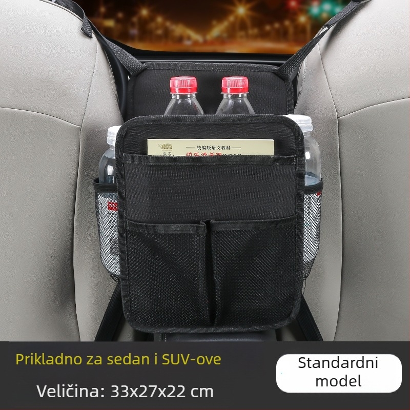 Organizator za prostor između sjedala automobila od Oxford platna, viseći stil, pričvršćivanje trakom, prilagodljiv volumen, otisak loga