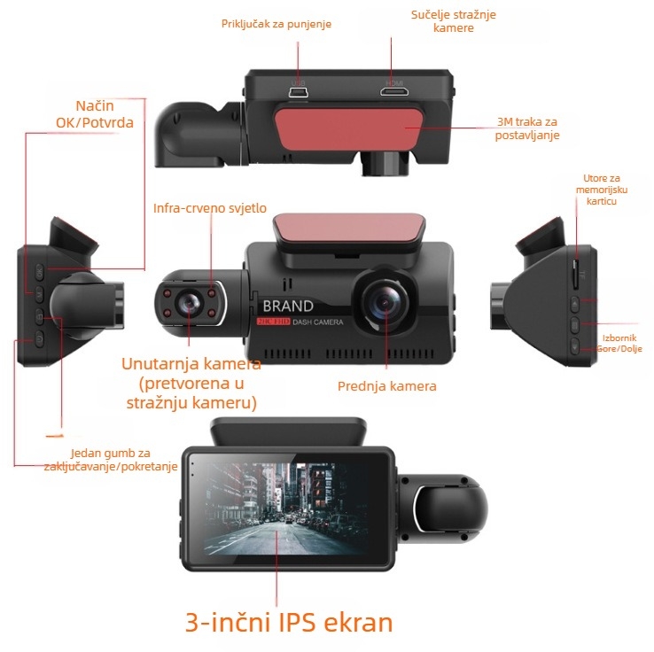 Automobilski dashcam s prednjom i stražnjom trostrukom snimkom, 1080p, kut snimanja 140°, Wi-Fi