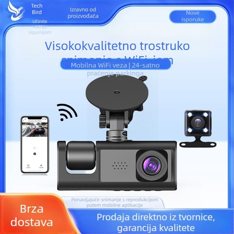 C3 automobilska kamera s dvostrukom lećom, 120° vidno polje, 720p, Wi‑Fi, petlja snimanja, prednja i stražnja snimka, 2.0-inčni zaslon