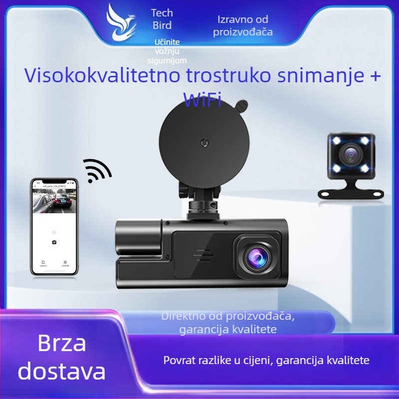 C3 automobilska kamera s dvostrukom lećom, 120° vidno polje, 720p, Wi‑Fi, petlja snimanja, prednja i stražnja snimka, 2.0-inčni zaslon