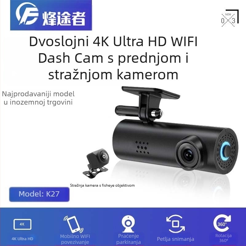 4K dash cam s WiFi, 170° kut gledanja, 128GB TF kartica, ciklično snimanje i nadzor parkiranja
