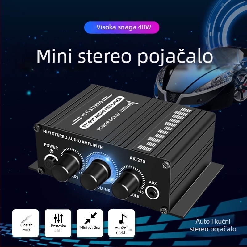 HiFi mini pojačalo za auto i kućni stereo, 2-kanalni izlaz, AUX/RCA ulazi, DC12V, 20W×2, 20 Hz–20 kHz, 4–8 Ω