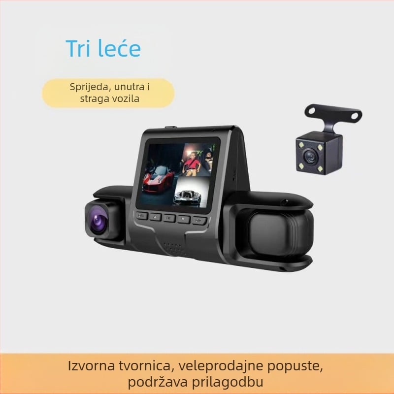 Dash kamera s 2,0-inčnim zaslonom, trostruka leća prednja/unutarnja/stražnja, 1080p snimanje, cikličko snimanje, nadzor parkiranja