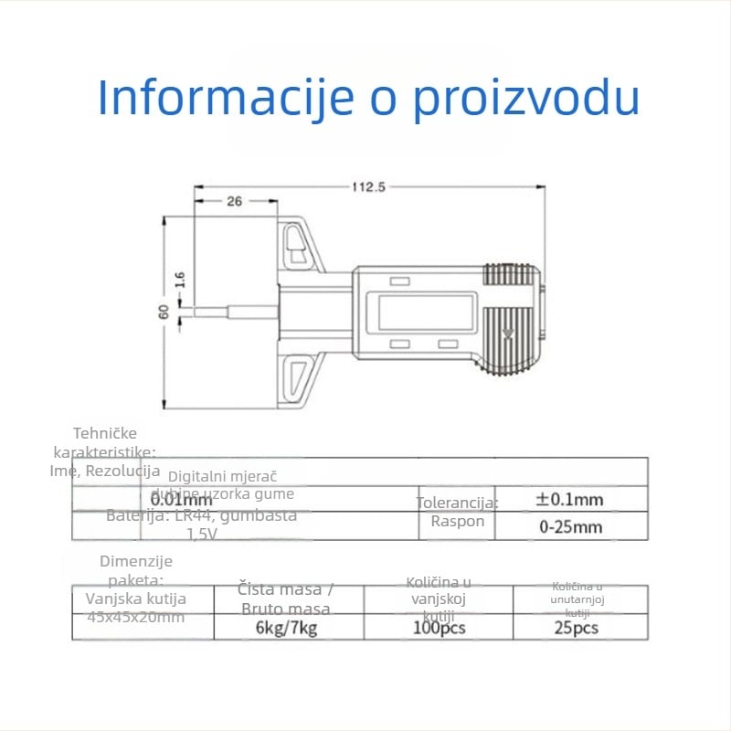 Wodilang Digitalni mjerač dubine za profil gume, 0-25 mm, digitalni zaslon