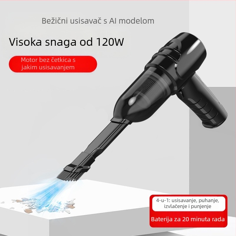 Ručni bežični usisavač za automobil i dom s brushless motorom; 7.4V/12V, 90W, 9000Pa, punjenje, kabel 350 cm