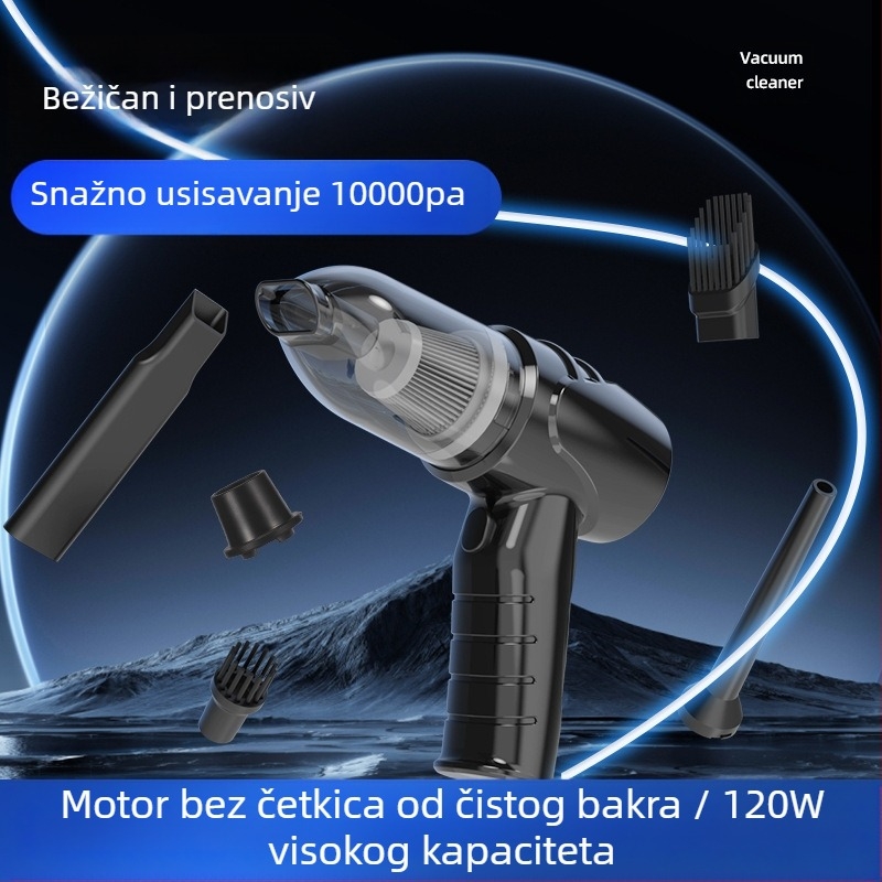 Ručni bežični usisavač za automobil i dom s brushless motorom; 7.4V/12V, 90W, 9000Pa, punjenje, kabel 350 cm