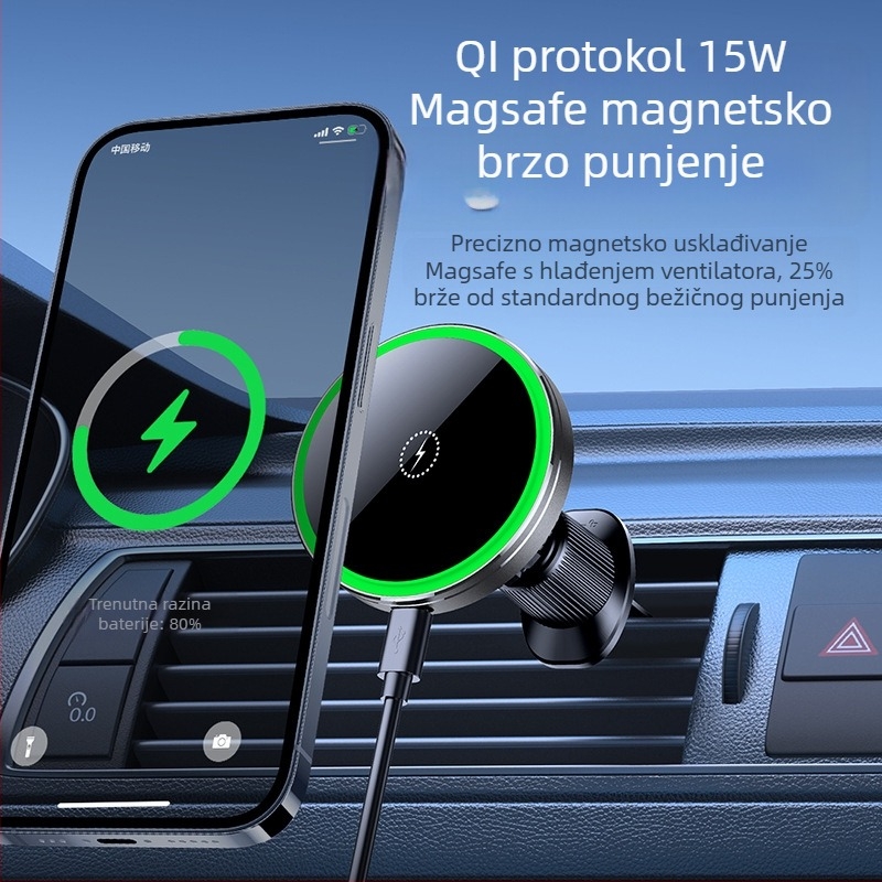 Automobilski magnetski držač s bežičnim punjenjem MagSafe za iPhone — 15W, magnetska montaža, za otvor za ventilaciju, univerzalna kompatibilnost
