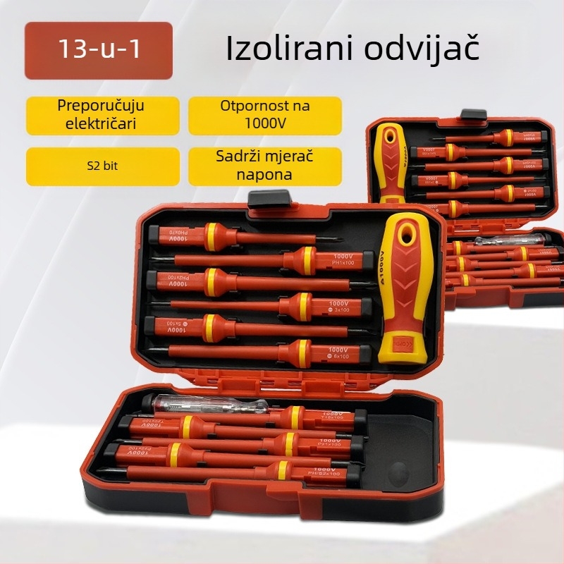 13-dijelni izolirani set odvijača: Phillips i ravni, magnetski, čelik Cr-V