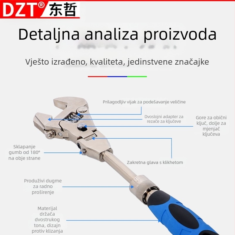 DZT Pet-in-1 Višenamjenski Podesivi Ključ s Preklopnom Glavom i Brzim Teleskopskim Računom – Krom-Vanadijsko Čelika