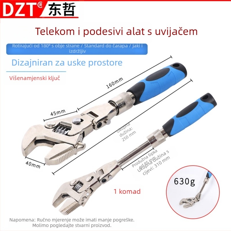 DZT Pet-in-1 Višenamjenski Podesivi Ključ s Preklopnom Glavom i Brzim Teleskopskim Računom – Krom-Vanadijsko Čelika