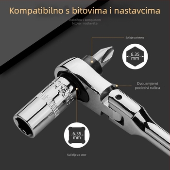 Mini račnički ključ s pomičnom glavom, dvostrani dizajn, od krom-vanadij čelika, kromirana površina, težina 0.08 kg, dvostrano djelovanje