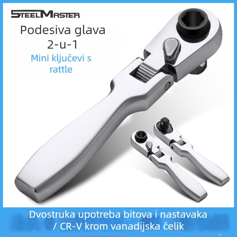 Mini račnički ključ s pomičnom glavom, dvostrani dizajn, od krom-vanadij čelika, kromirana površina, težina 0.08 kg, dvostrano djelovanje