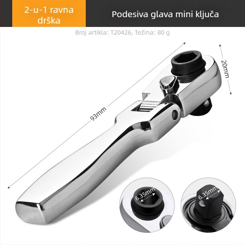 Mini račnički ključ s pomičnom glavom, dvostrani dizajn, od krom-vanadij čelika, kromirana površina, težina 0.08 kg, dvostrano djelovanje