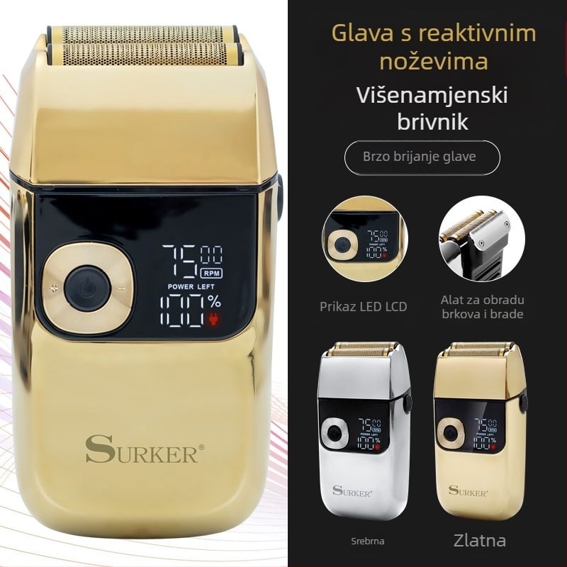 Surker električni brijač s reciprocirajućom glavom i 2 oštrice, potpuno periv, LED zaslon, brushed motor, 120 minuta rada