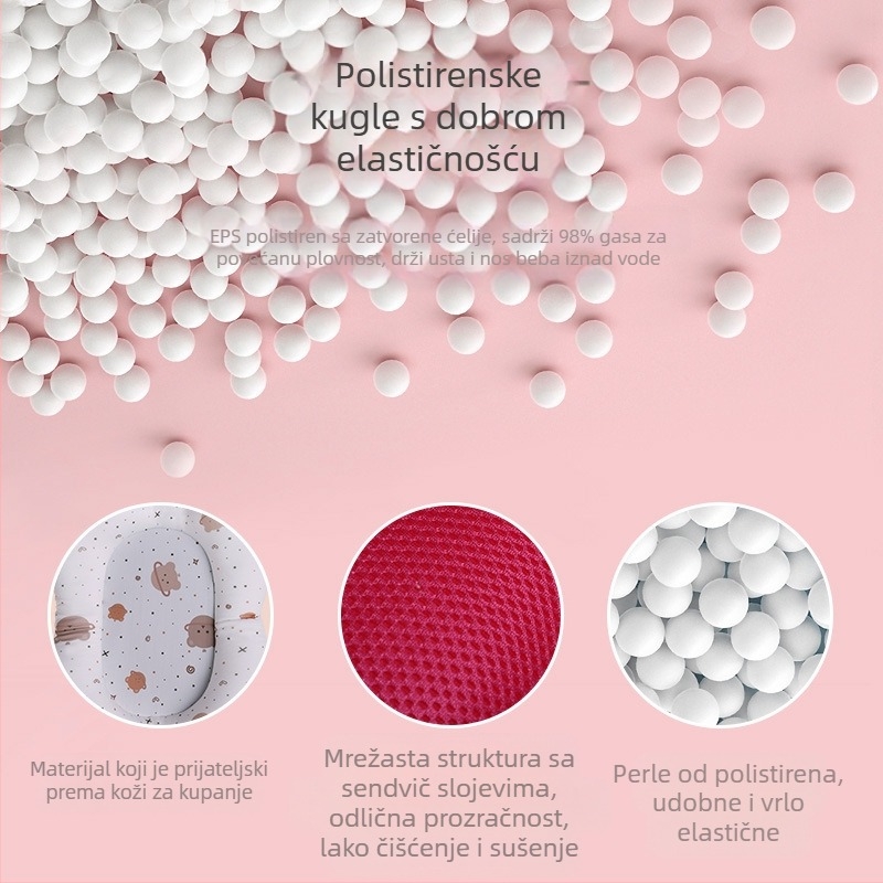 Dječja kupalna podloga s mrežastim okvirom; materijal: četiri-sloja elastično platno + mreža + poliester punilo + PE kuka; pogodna za sjedenje i ležanje