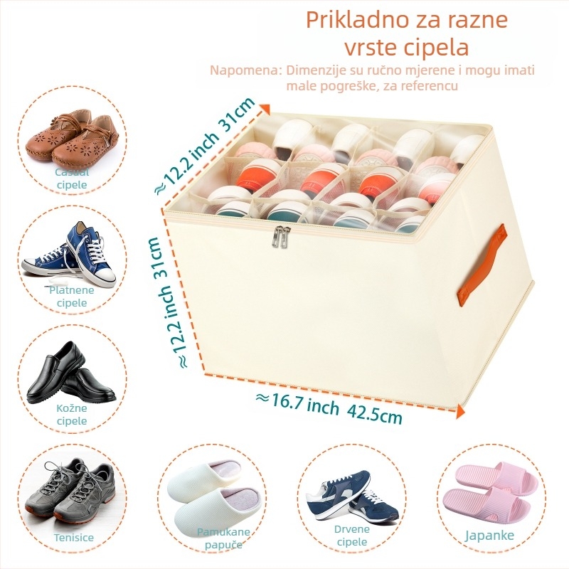 Kutija za cipele za garderobu, tkanina 600D Oxford, sklopiva, s pregradama, kapacitet 80L