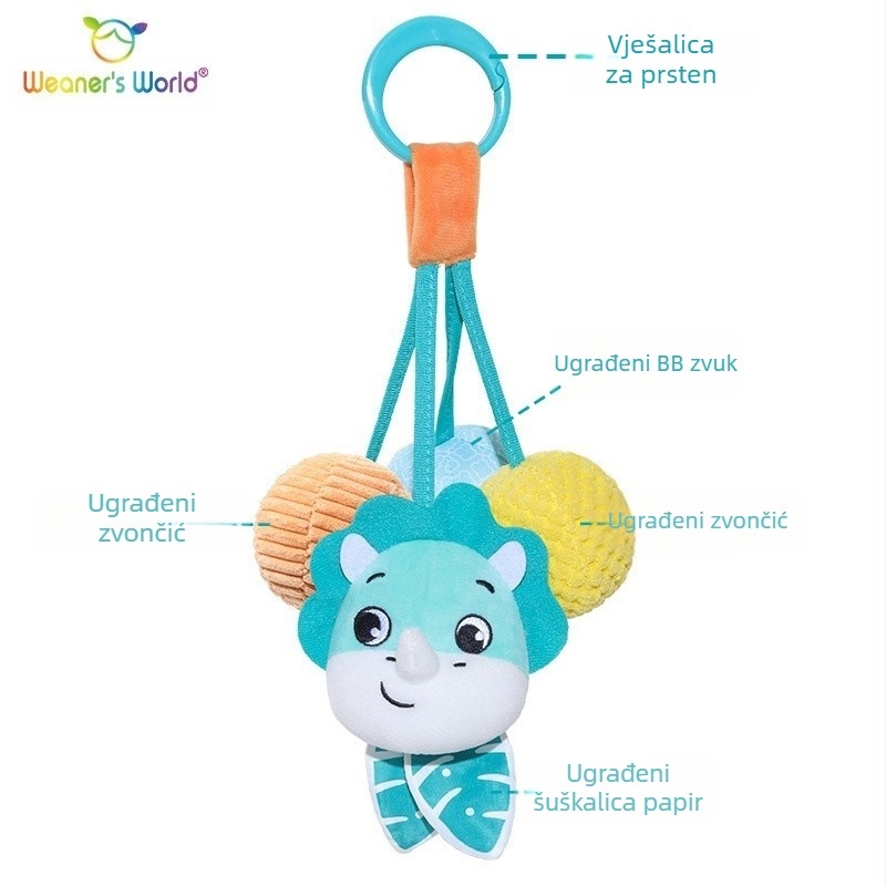 Plišana viseća igračka sa zvonom i zvukom, crtani lik životinje, za kolijevku, kolica ili autosjedalicu; potiče rani senzorni i motorni razvoj (vid, hvatanje, sluh) te interakciju roditelj-dijete.