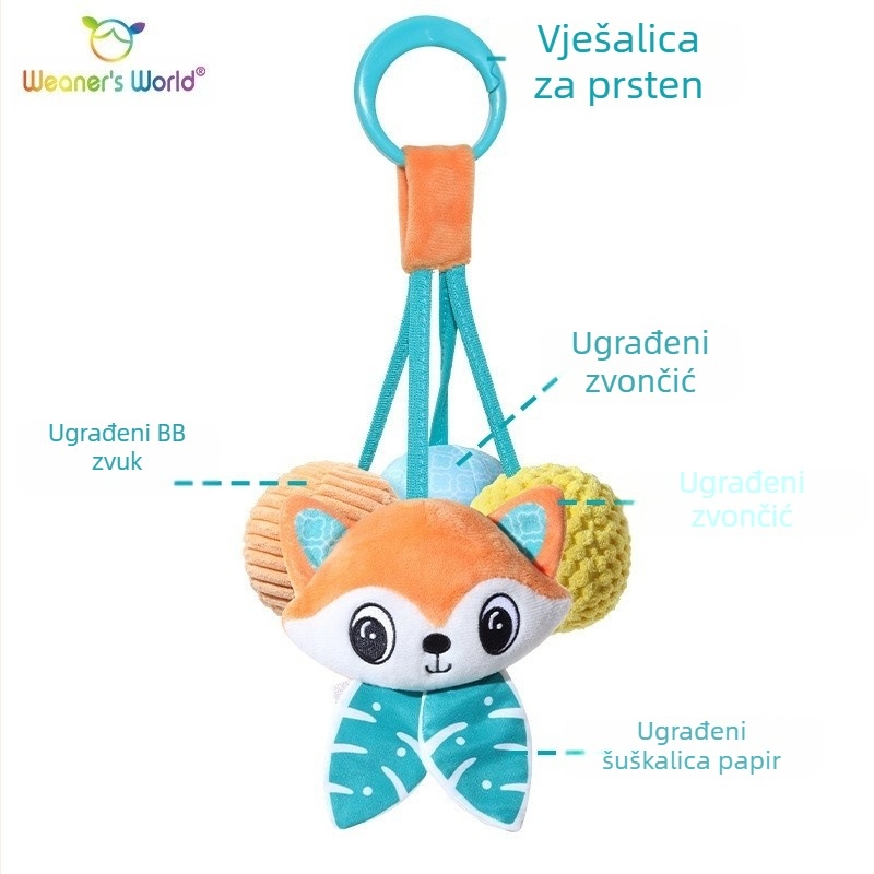 Plišana viseća igračka sa zvonom i zvukom, crtani lik životinje, za kolijevku, kolica ili autosjedalicu; potiče rani senzorni i motorni razvoj (vid, hvatanje, sluh) te interakciju roditelj-dijete.