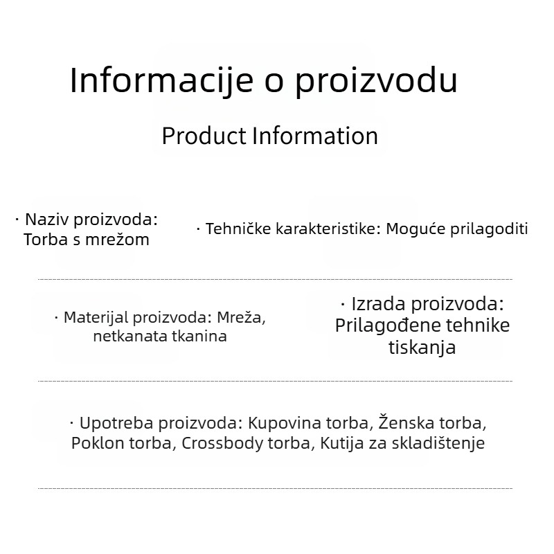 Torba za kupovinu od mrežaste tkanine s velikim kapacitetom, ručna drška, mogućnost tiskanja logotipa, načini tiska: toplinski prijenos, sitotisak, offset tisak, reljefno tiskanje