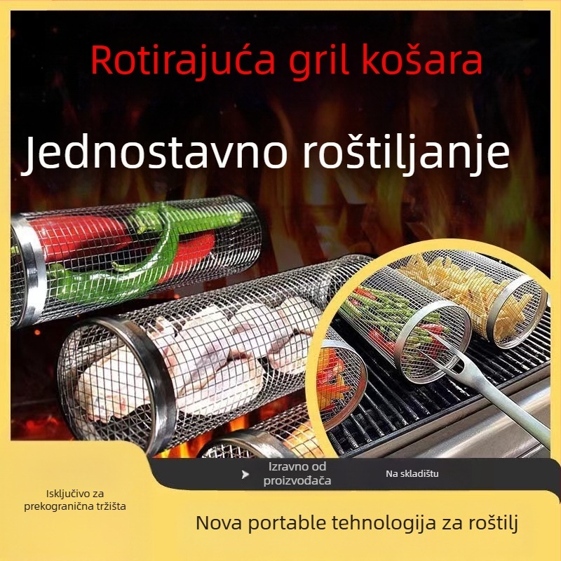 Okružna mreža za roštilj od nehrđajućeg čelika s kotrljajućim dizajnom; elektroplirana i polirana završna obrada; prijenosna, jednostavna za čišćenje, otporna na hrđu; mogućnost prilagodbe