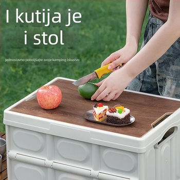 Vanjska kamping kutija za skladištenje, sklopiva s debelim drvenim poklopcem – integrirani stol i organizator prtljažnika automobila, 50L, višenamjenska