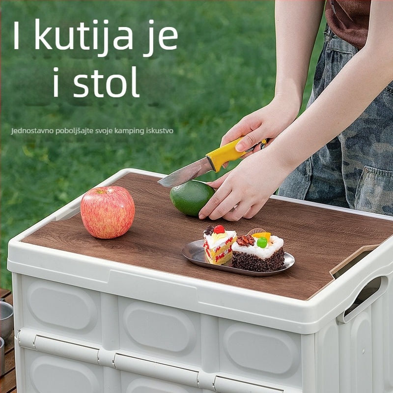 Vanjska kamping kutija za skladištenje, sklopiva s debelim drvenim poklopcem – integrirani stol i organizator prtljažnika automobila, 50L, višenamjenska