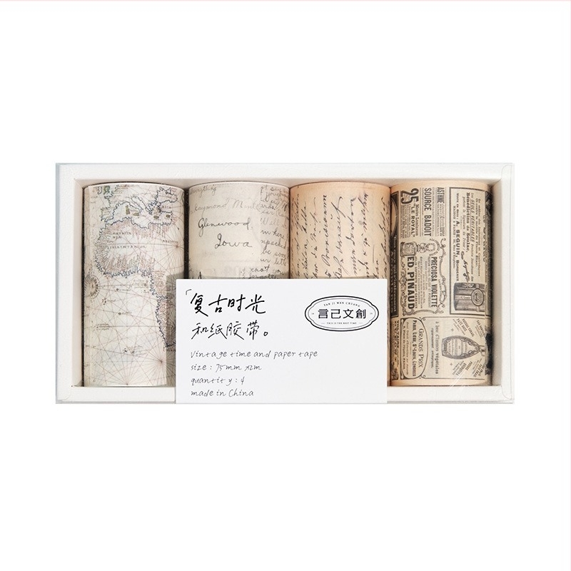Set washi traka od papira, retro serija vremena, dizajn karte s engleskim slovima, 4 rolne; duljina 2 m; širina 75 mm; debljina 0,04 mm; podloga: papir; marka Yu Xian