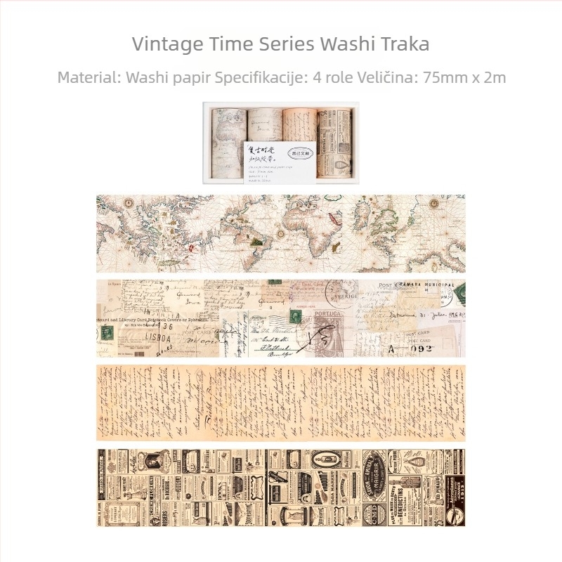 Set washi traka od papira, retro serija vremena, dizajn karte s engleskim slovima, 4 rolne; duljina 2 m; širina 75 mm; debljina 0,04 mm; podloga: papir; marka Yu Xian