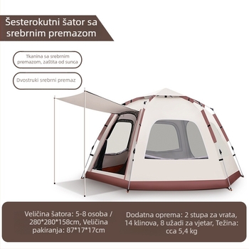 Porodični šator za kampiranje na otvorenom — sklopivi, brzo otvaranje, prijenosni za četiri sezone, dimenzije 280×280×158 cm, težina 5,4 kg
