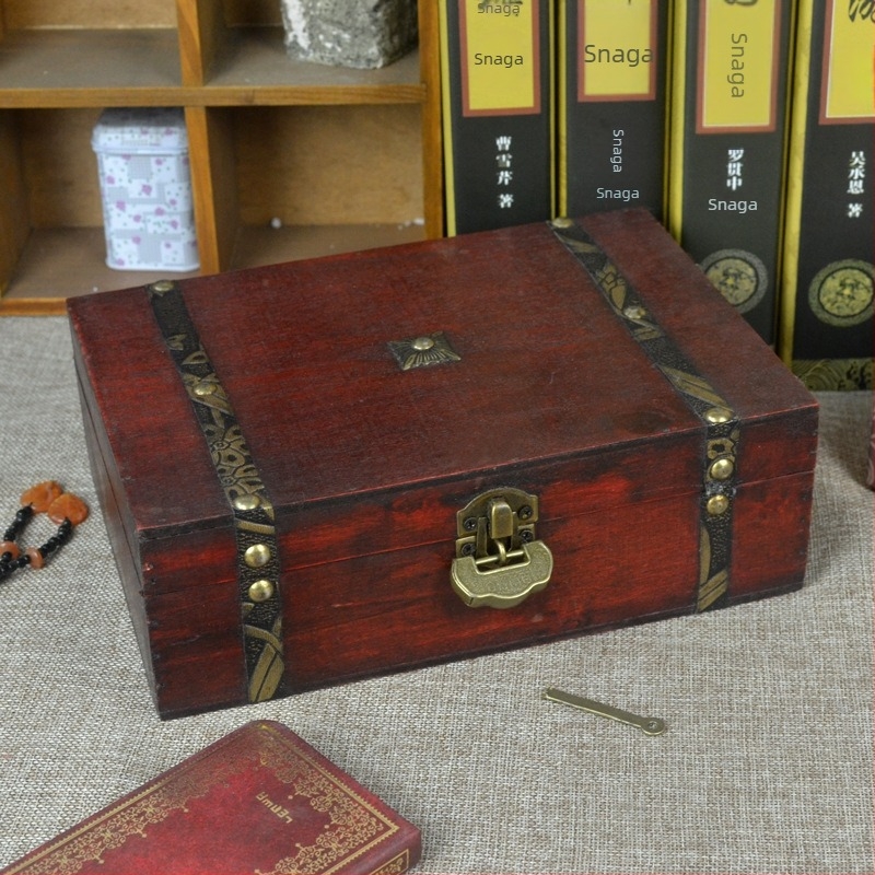 Drvena kutija za stolnu pohranu s ključem – starinski stil, šperploča, s poklopcem; pogodna za uredski pribor i sitnice; model 174190141