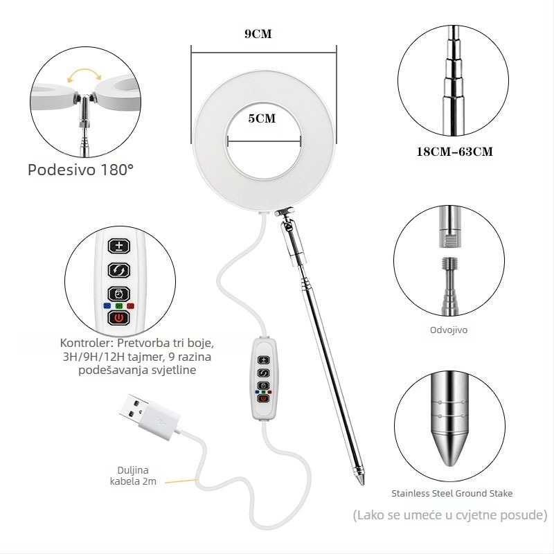 Stolno LED svjetlo za uzgoj bonsaja, 48 LED, potpuno spektrum, podesiva boja temperature, IP44, ulaz 5V