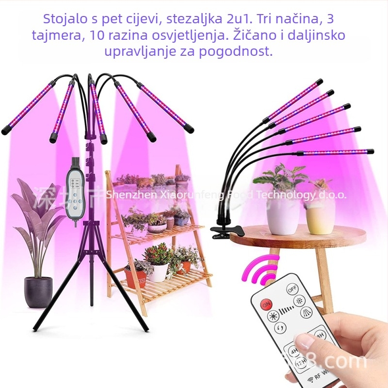 Unutarnja rasvjeta za uzgoj biljaka s pet truba na tronožnoj postolji, cijelo spektrum, daljinsko upravljanje; 100 LED, 1500 lm, IP44, PF 0.98