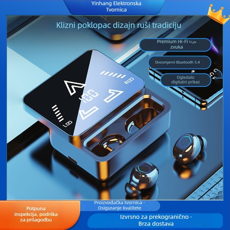 M48pro Bluetooth slušalice, dvostruko stereo s oglednim završetkom i kliznim zaslonom, Bluetooth 5.0, digitalni zaslon, domet do 10 m, IPX4, trajanje baterije 4–8 h.