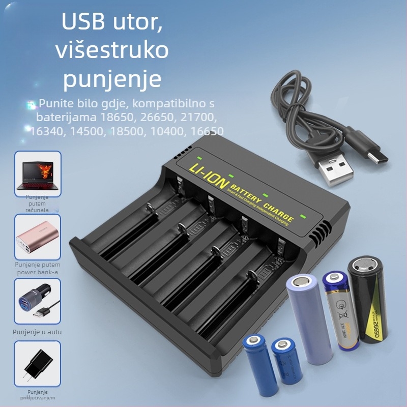 USB punjač za litij baterije s četiri utičnice — inteligentno brzo punjenje, Type-C priključak, ulaz 5V, izlaz 4.2V/2A, podržava baterije: 18650, 26650, 21700, 14500, 16340, 18500, 18350, 16650.