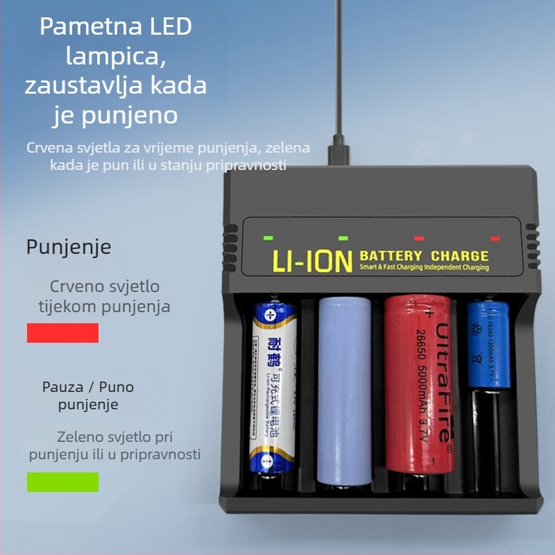 USB punjač za litij baterije s četiri utičnice — inteligentno brzo punjenje, Type-C priključak, ulaz 5V, izlaz 4.2V/2A, podržava baterije: 18650, 26650, 21700, 14500, 16340, 18500, 18350, 16650.