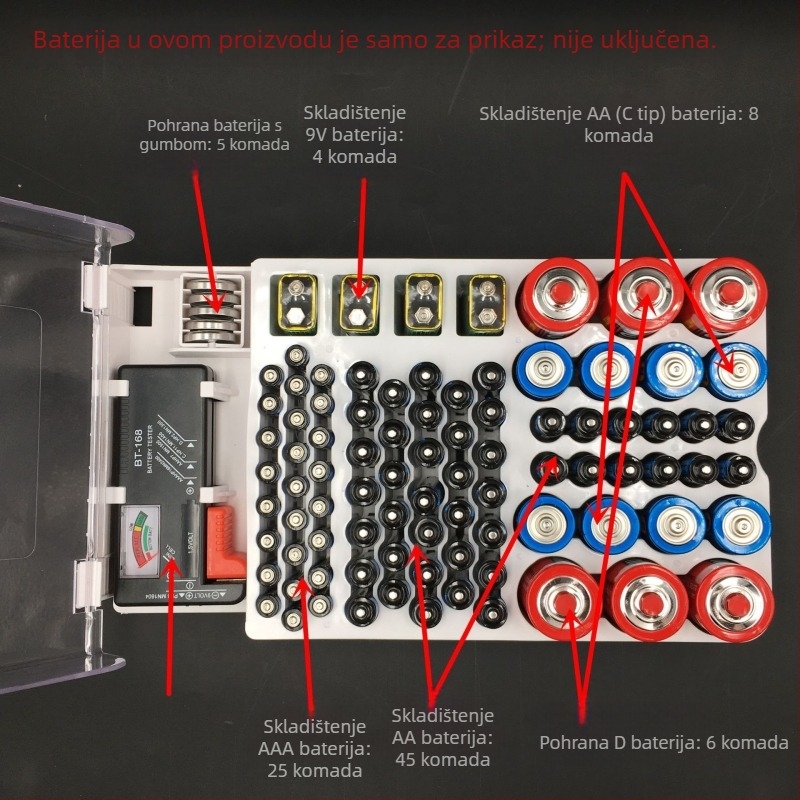 Kutija za pohranu baterija s alatima za testiranje kapaciteta No.7 i No.5, ABS plastika, model JK-19070823, kapitet 93 pretinaca